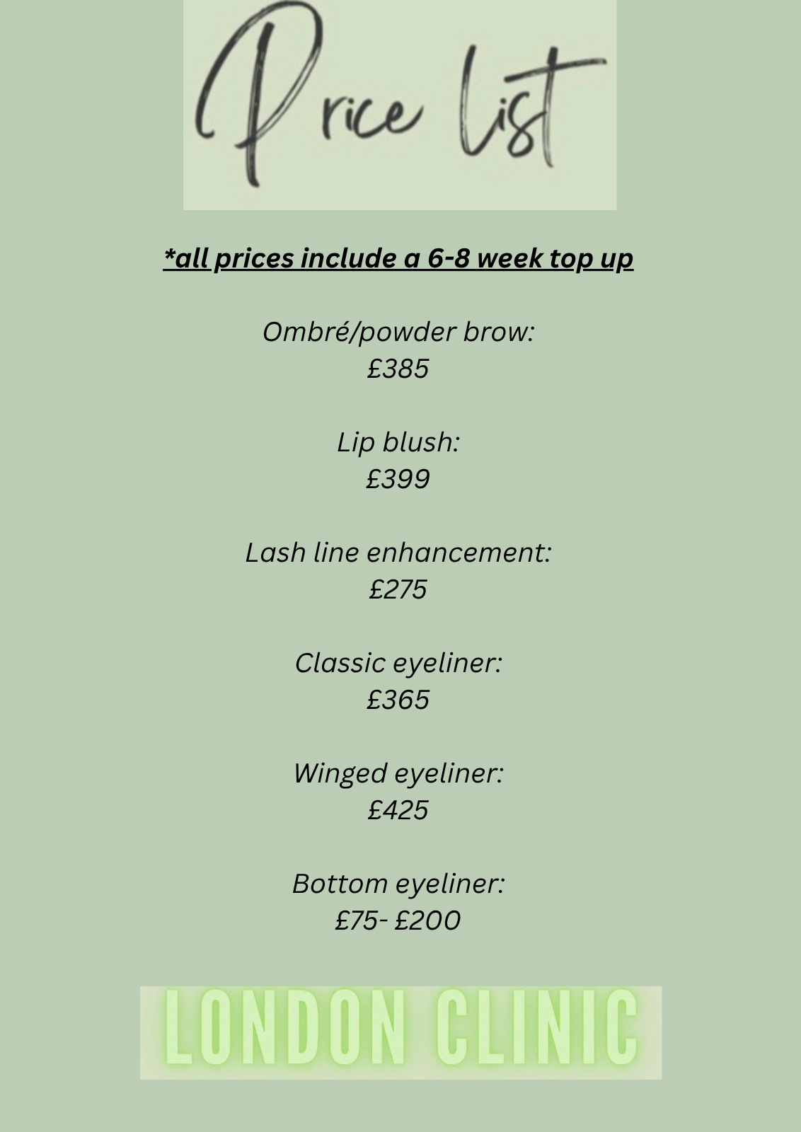 PRICE LIST London